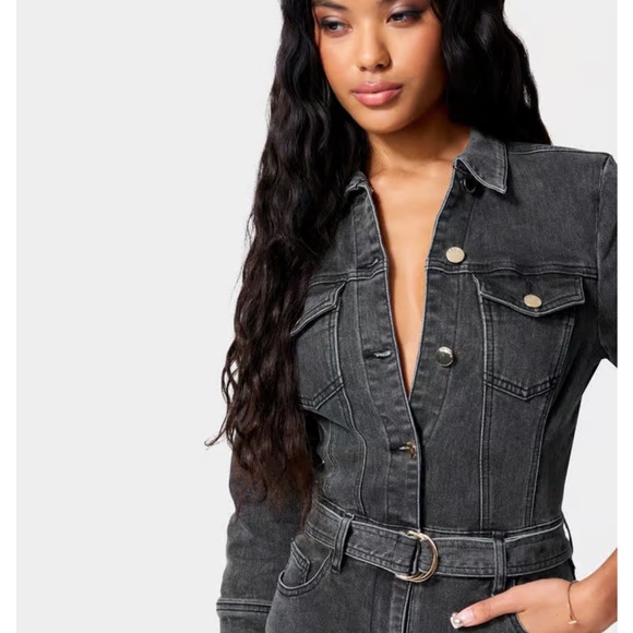 Bebe Button Down Slim Belted Washed Black Denim Jumpsuit - Picture 3 of 7